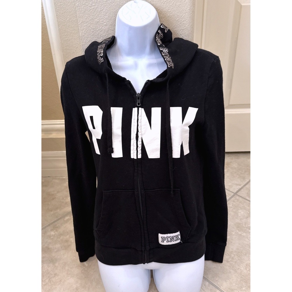 Victoria's Secret PINK Black Full Zip Hoodie‎ Logo Tape Hood Small